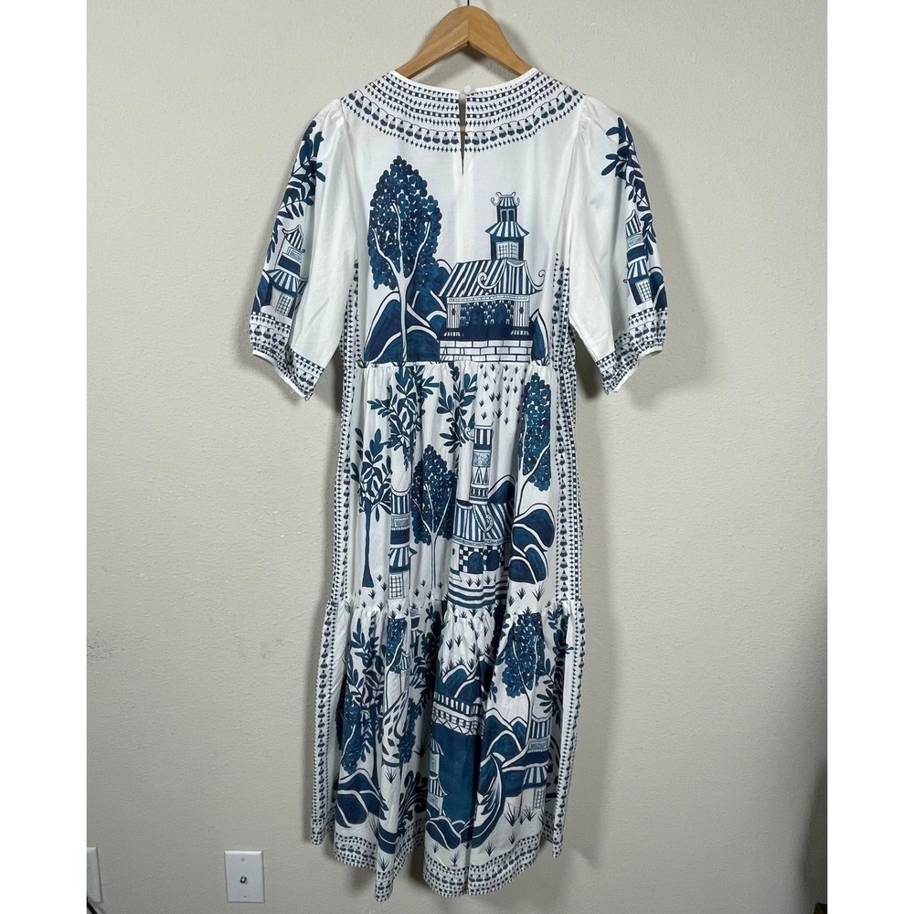 Farm Rio Resort Boho Chinoiserie Midi Dress Women Size M Puff Sleeve Tiered - Picture 7 of 10